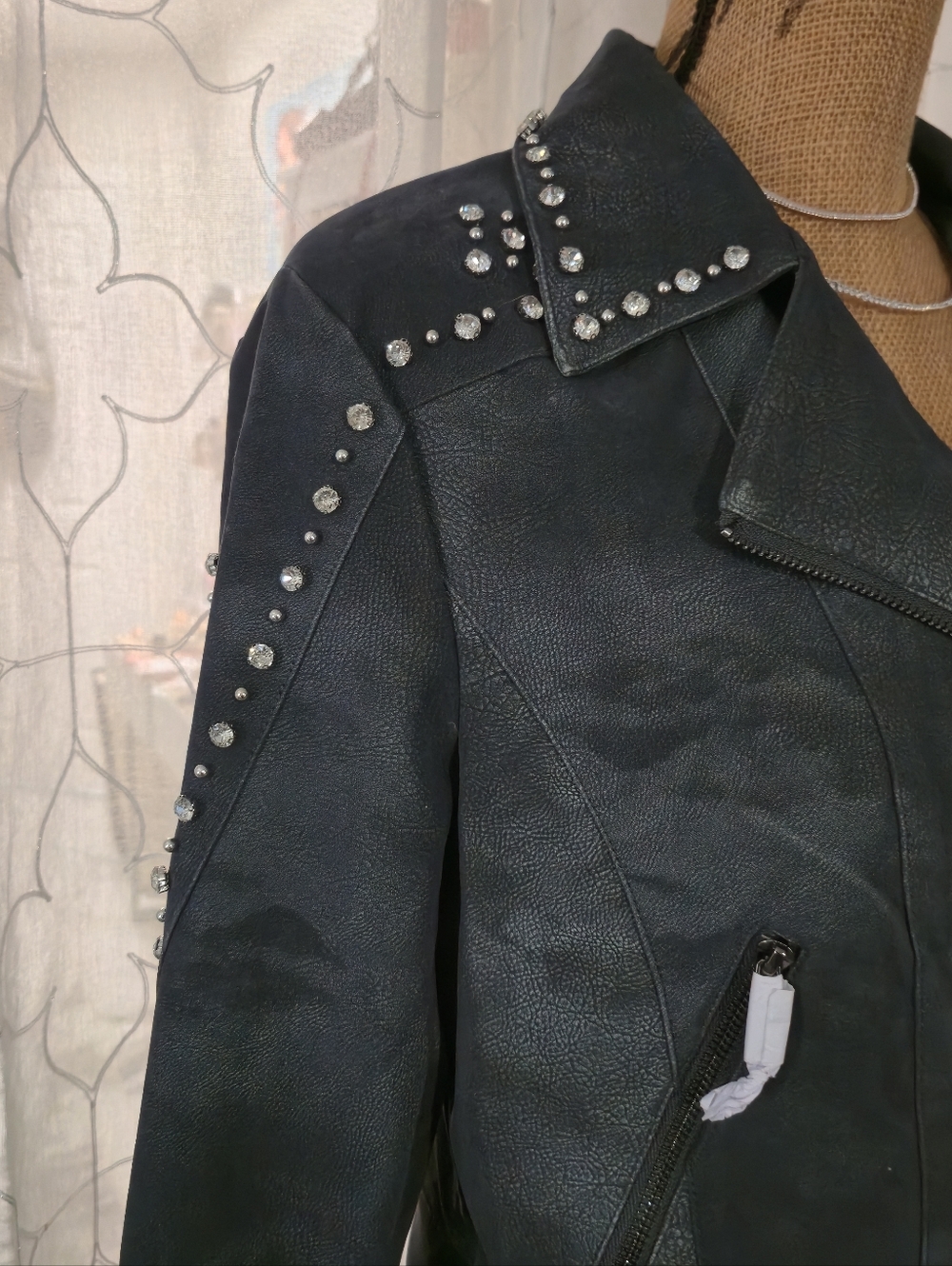 Stud-Trim Faux Leather Moto Jacket in Black - Picture 4 of 7